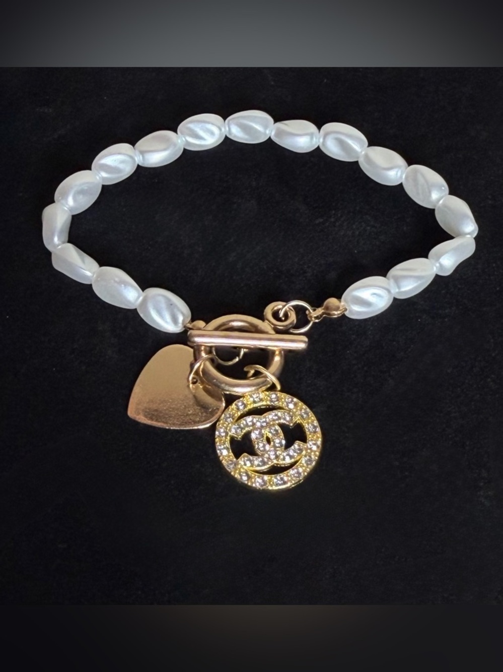 CC Pearl Toggle Bracelet with Heart and Crystal Medallion